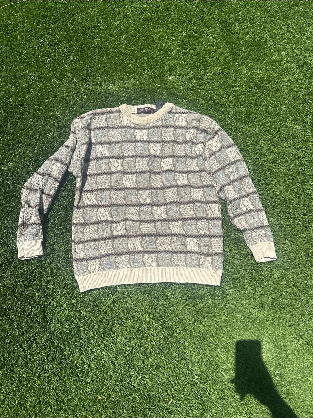 Haggar Cream and Gray Check-Pattern Crewneck Sweater